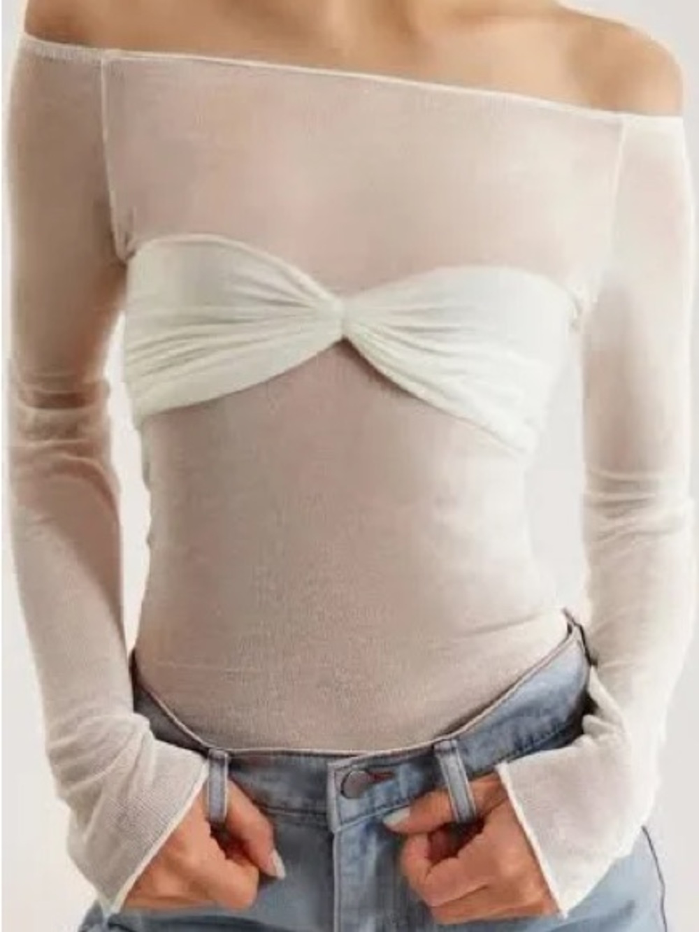 Amazon Off-Shoulder Sheer Long Sleeve Top with Twist Bandeau - White